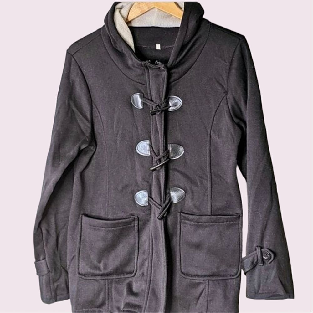 Black Stretch Fleece Fitted Jacket Toggle And Zip Close size L